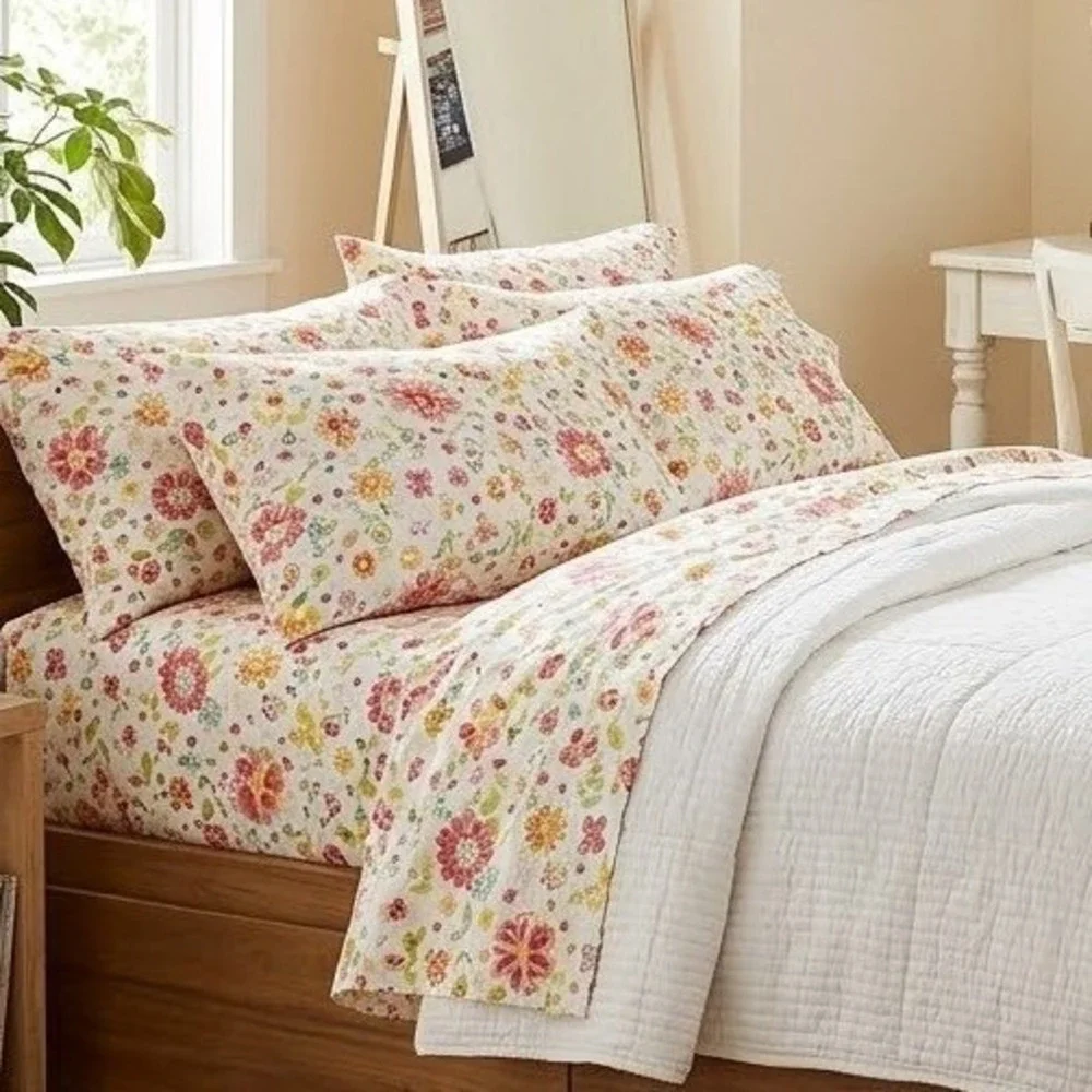 Vtg. Pottery Barn Kids Queen Sheet Set Cotton Floral Paisley Garden Party USA